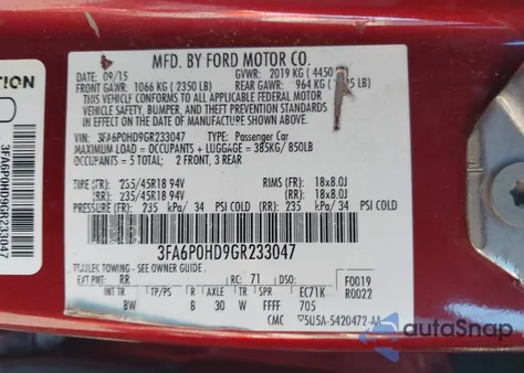 2016 Ford Fusion Se из США, поврежденный, VIN 3FA6P0HD9GR233047